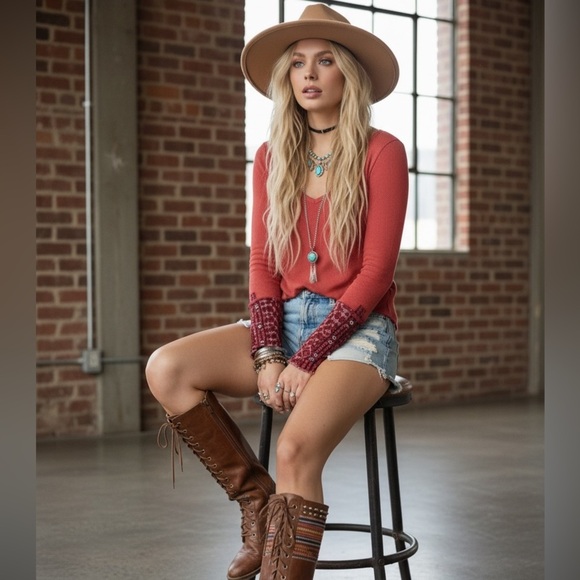 We The Free Tops - We The Free by Free People Art Class Aztec Tribal Boho Cuff Waffle Knit Thermal